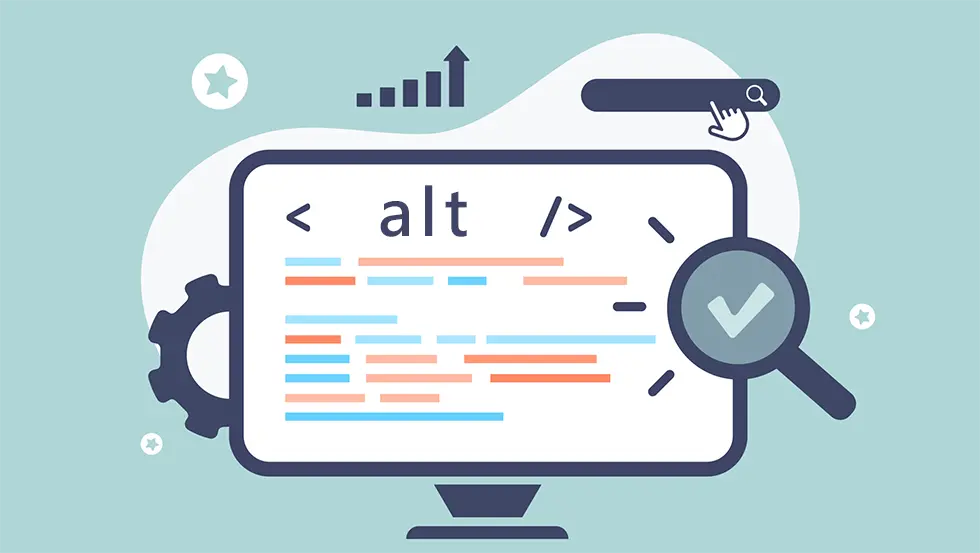 一個電腦螢幕插圖，螢幕中心顯示著 HTML 標籤「< alt />」，背景包含齒輪、上升圖表、搜尋框以及帶有勾號的放大鏡，象徵搜尋引擎優化 (SEO) 與網頁無障礙設計。