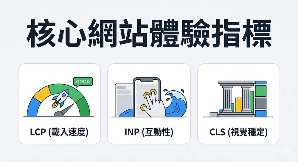 扁平化設計的核心網站體驗指標儀表板，展示LCP、INP與CLS資訊圖形。
