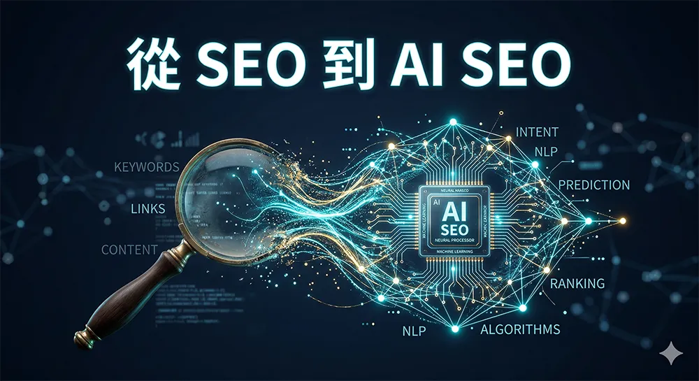 3D 科技概念插圖，展示傳統放大鏡轉化為 AI 神經網絡，並帶有發光的繁體中文字「從 SEO 到 AI SEO」，象徵企業數位行銷策略的演進。