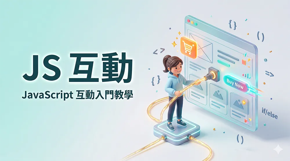 一張等距立體 3D 插畫，展示一位程式設計師正將發光的 JavaScript 能量注入網頁模型中，使其動起來。背景左上方有繁體中文字「JS 互動」。適用於 JavaScript 初學者教學文章。