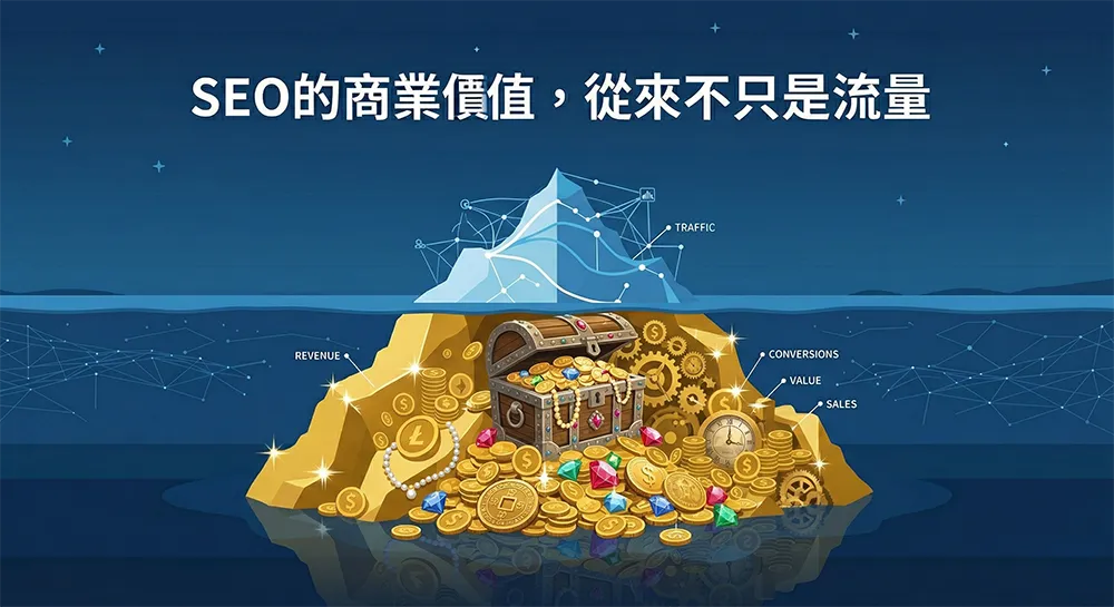 呈現「SEO的商業價值，從來不只是流量」文字的3D科技冰山概念圖，象徵SEO深層的轉換潛力與品牌價值。