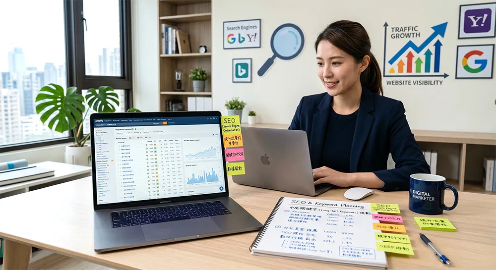 女性數位行銷人員在辦公桌上進行 SEO 和關鍵字規劃。桌上有顯示數據分析的螢幕、印有 DIGITAL MARKETER 的馬克杯、和手寫的中文長尾關鍵字規劃筆記。