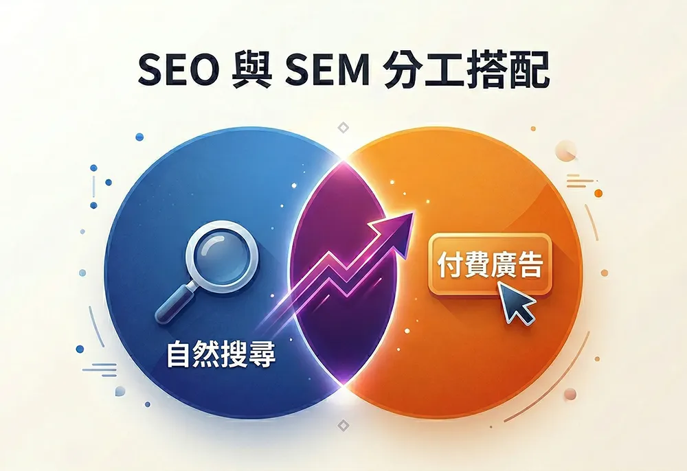 一張高品質 2.5D 扁平化插畫，呈現藍色 SEO 圓圈（放大鏡）與橘色 SEM 圓圈（Ad 標籤）交疊，交集處有上升箭頭，上方有繁體中文文字「SEO 與 SEM 分工搭配」。