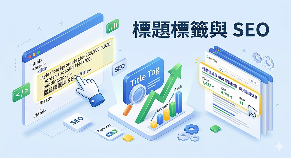 標題標籤優化 SEO 流程的等距 3D 插圖，包括 HTML 程式碼、搜尋結果和統計資料。
