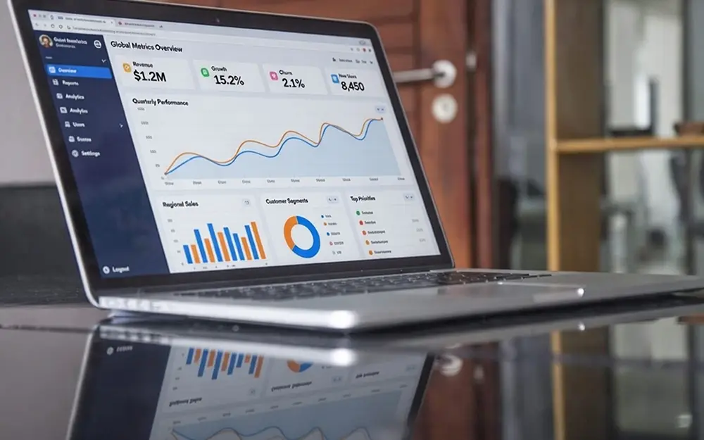 碧記型電腦放在桌上，螢幕顯示各種資料分析