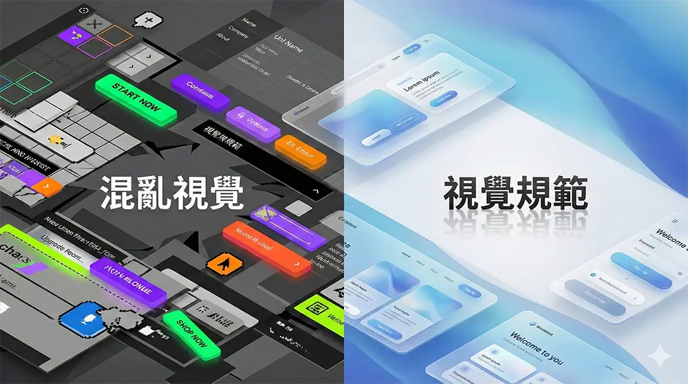 3D等軸測網頁設計對比圖，左側黑色區域展示雜亂無章的「混亂視覺」UI介面，右側藍白漸層區域展示整齊統一的「視覺規範」毛玻璃設計系統。