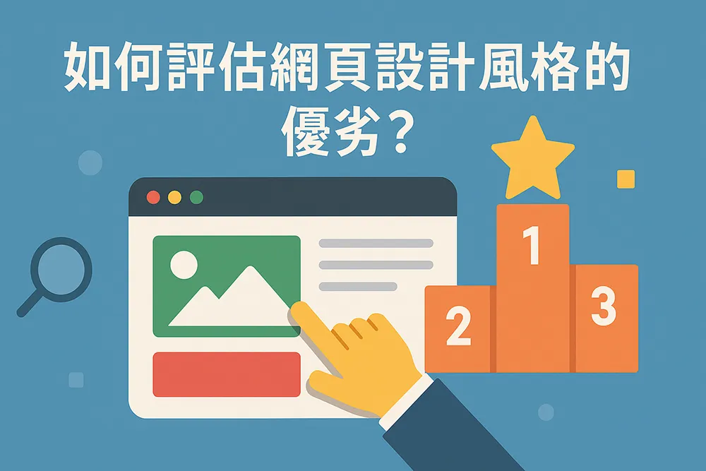 扁平化插畫風格的網頁設計評估概念圖，展示網站風格比較與排名意象，包含電腦畫面、排行榜、星級評分與指標手勢，搭配繁體中文標題『如何評估網頁設計風格的優劣？』，象徵設計品質評鑑與專業分析。