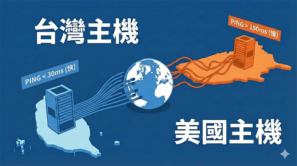 一張 Ping 值測試對比圖（台灣 vs 美國），視覺化展示延遲差異。