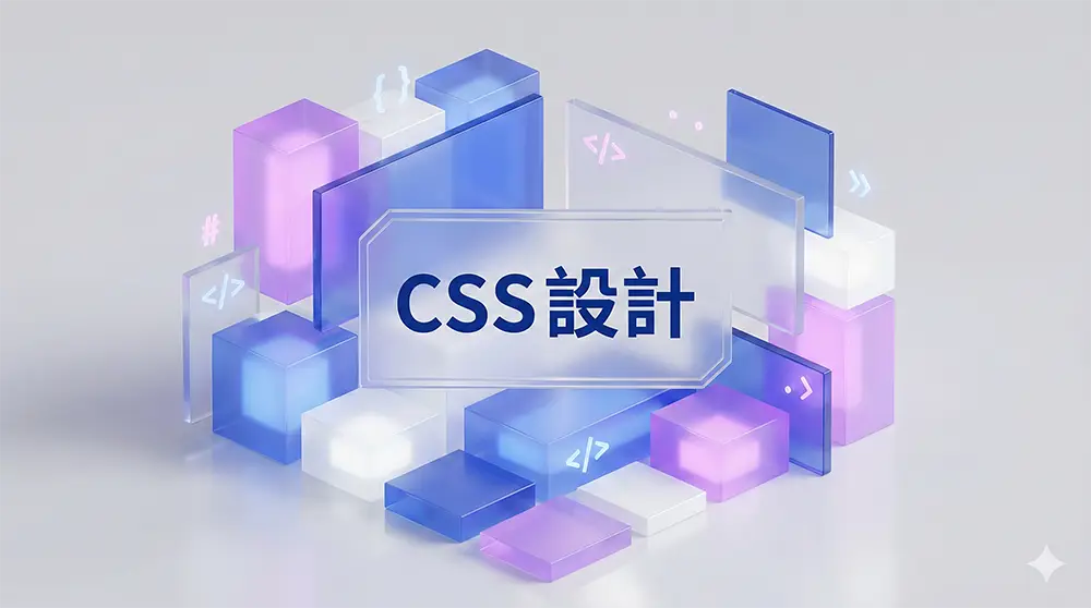 3D 等軸測 CSS 設計概念插圖。畫面由藍紫色半透明玻璃方塊與代碼符號組成，象徵網頁盒模型與 Flexbox 排版結構，中央毛玻璃面板上寫著「CSS 設計」。