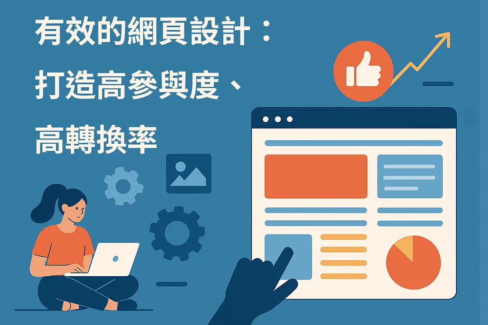 扁平化風格的網頁設計主題插圖，包含操作介面、分析圖表與使用筆電的人物，搭配標題『有效的網頁設計：提升參與度與轉換率的終極指南』，以寬螢幕版面呈現。