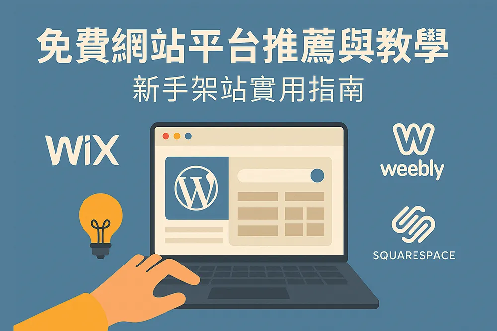扁平化風格的網站教學封面圖，展示 WordPress.com、Wix、Weebly、Squarespace 等免費架站平台的圖像意象，搭配電腦螢幕、網站介面與繁體中文標題『免費網站平台推薦與教學：新手架站實用指南』，象徵新手學習架設網站的指南與入門教學。