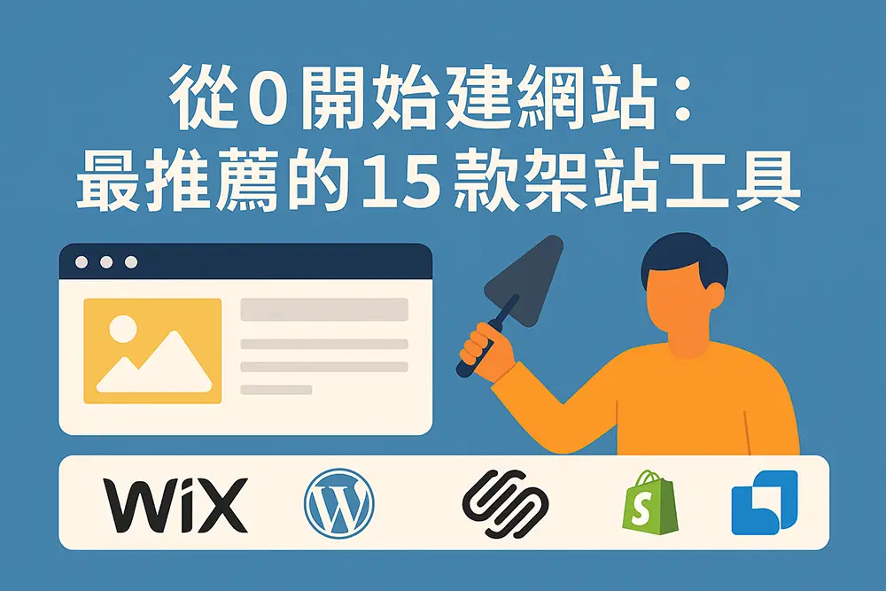 扁平化插畫風格的網頁設計主題圖，橘色背景中顯示「從0開始建網站：最推薦的15款架站工具」繁體中文標題，一名人物正操作吊臂安裝網站圖片模組，畫面包含程式碼圖示與齒輪圖案，象徵網站製作與設計工具整合，整體風格現代、科技感與專業感兼具。
