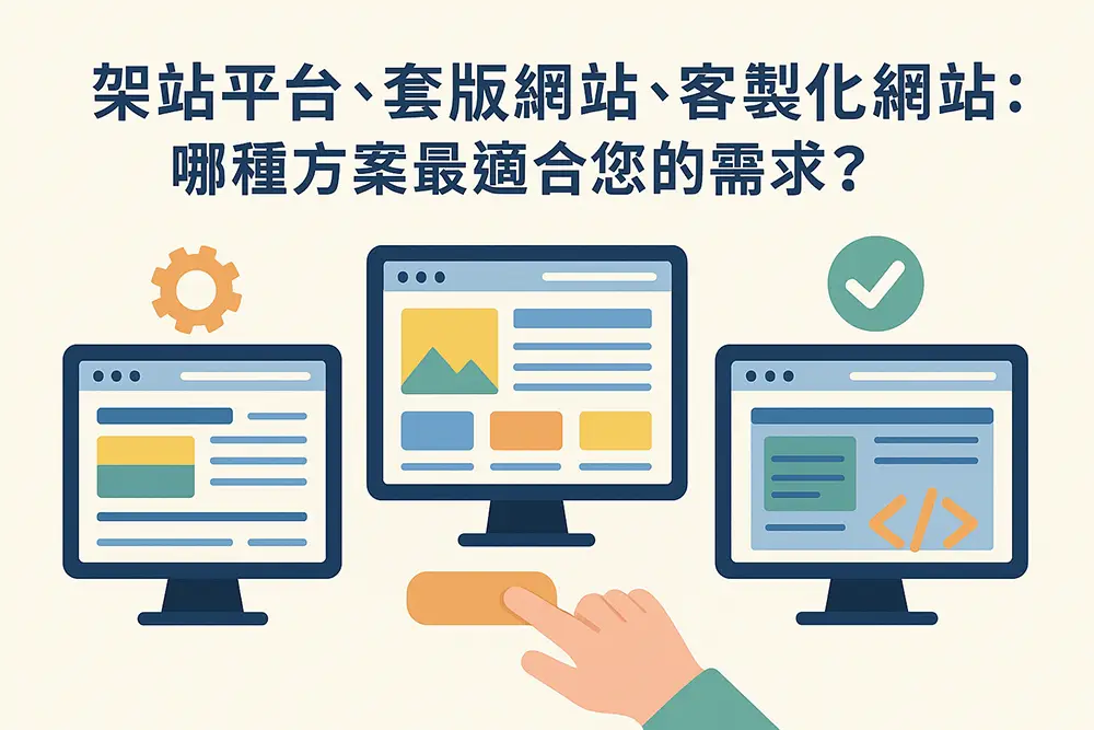 扁平化風格的網站比較示意圖，呈現架站平台、套版網站與客製化網站三種選擇，畫面上方放置文章標題，下方以三台電腦螢幕展示不同網站製作方式的介面，用於說明如何選擇最適合需求的架站方案。