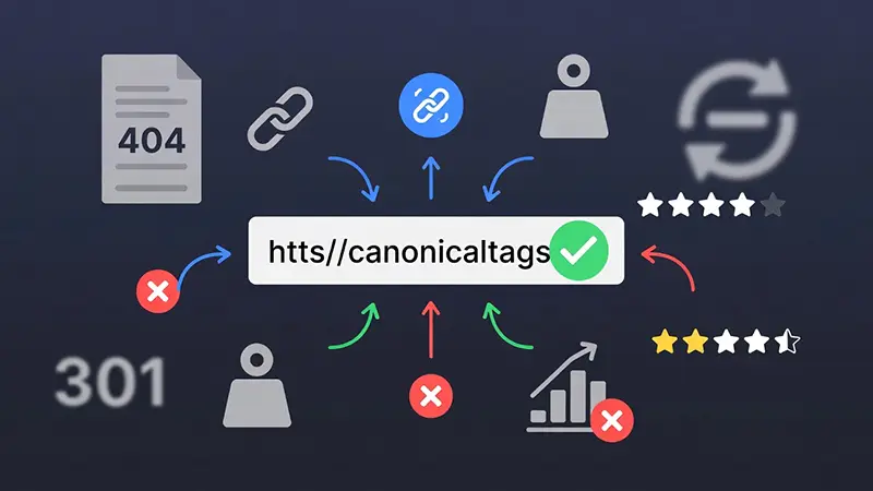 SEO 標準網址 (Canonical Tags) 運作示意圖，展示如何將 301 重定向、錯誤頁面、反向連結權重與評價訊號集中至主要 URL，以避免重複內容問題。
