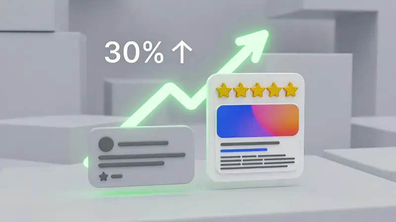 3D插圖顯示，透過比較基本搜尋結果卡片與帶有五星評價和彩色圖片的豐富網頁摘要(Rich Snippet)卡片，點擊率(CTR)提升了30%。