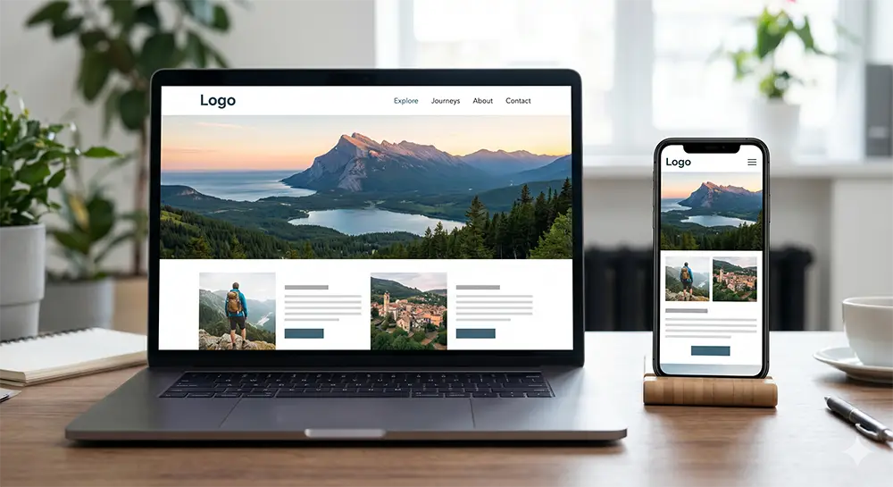 響應式網頁設計 (RWD) 模型，展示一個網頁在電腦和手機上的完美適應