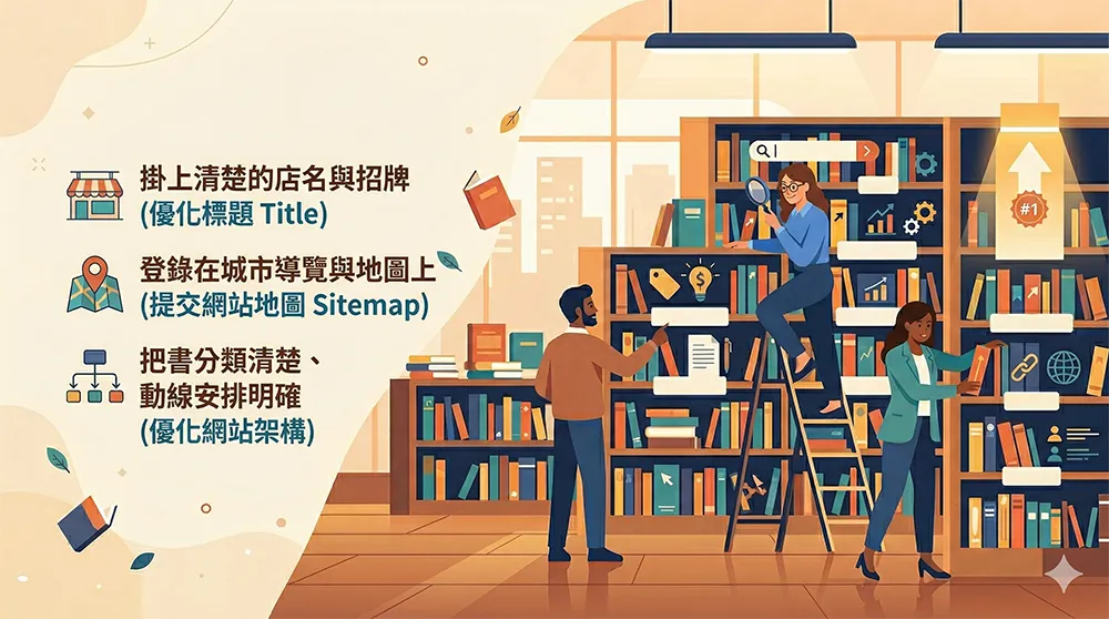 象徵 SEO 基礎的咖啡店門面插畫，放大鏡框住店面並展示「SEO 基礎」招牌與盆栽黑板裝飾