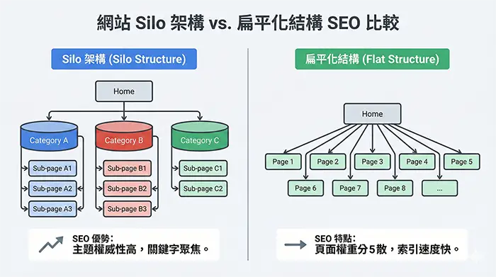 網站 Silo 架構與扁平化結構 SEO 比較圖