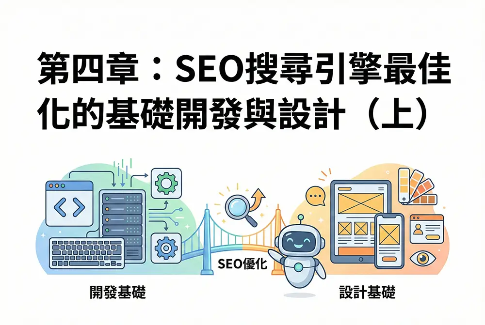 SEO教學第四章封面：SEO搜尋引擎最佳化的基礎開發與設計(上)，連結後端程式碼開發與前端介面設計的SEO優化示意插畫。