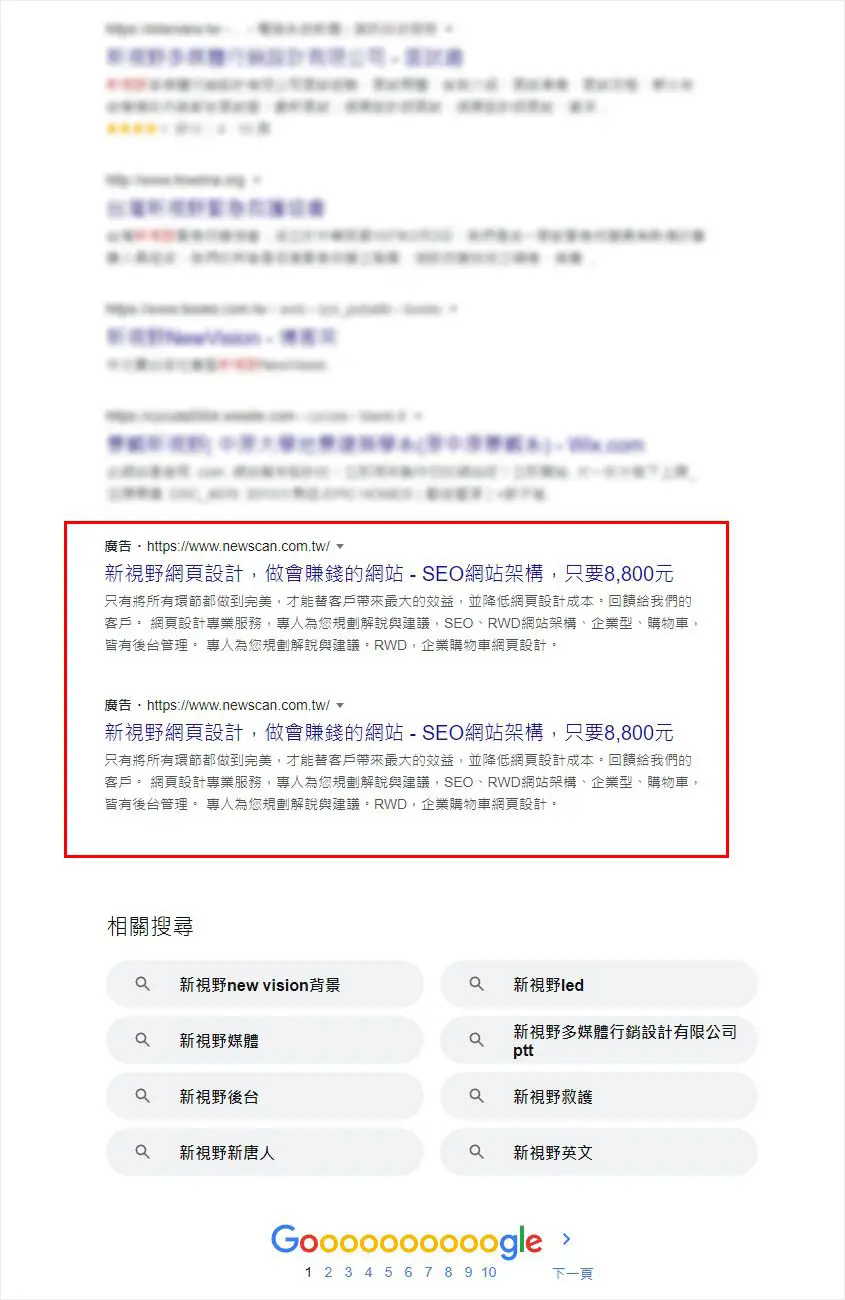 Google 搜尋結果頁面中的付費廣告（Google Ads）示範，紅框標示新視野網頁設計的 SEO 網站架構廣告