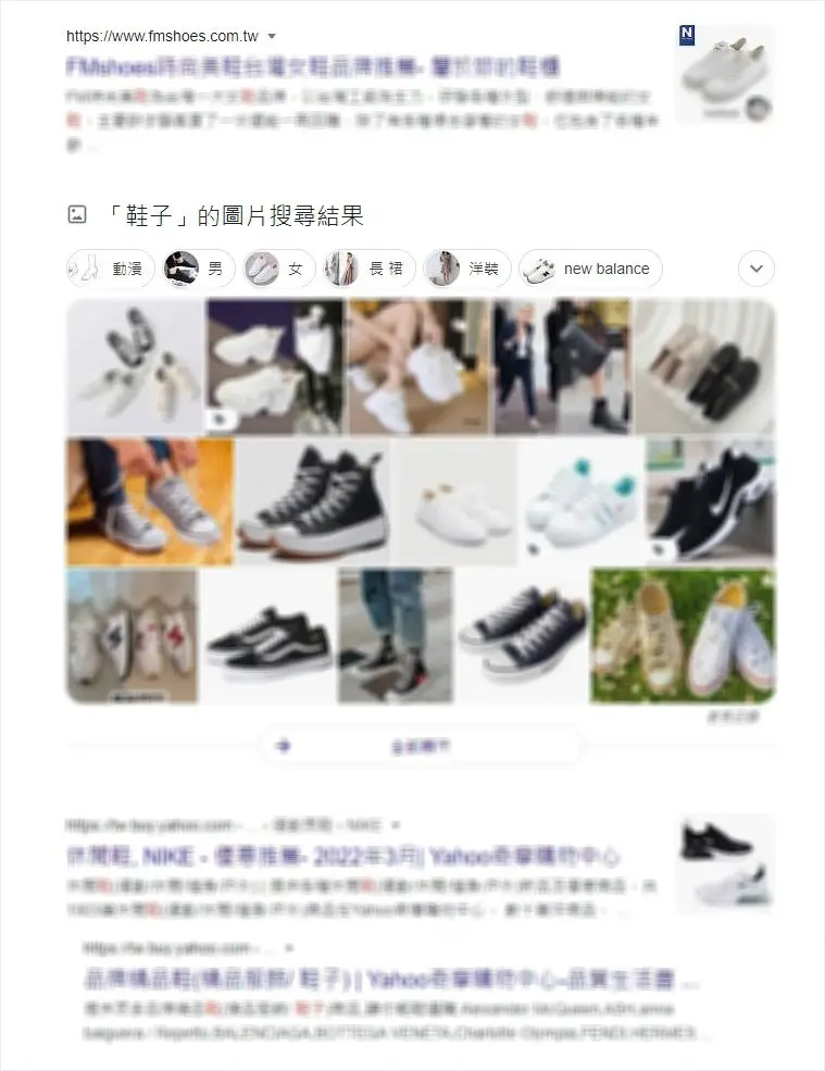 一張 Google 搜尋結果截圖，使用者搜尋「鞋子」時，頁面中出現圖片搜尋結果區塊，展示多張鞋款縮圖，並提供動畫、男、女、長裙、洋裝與品牌等相關篩選標籤，適合用於說明圖片 SEO、Google 圖片搜尋版位與商品視覺曝光方式。