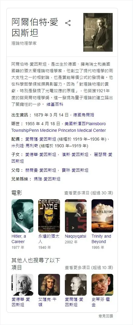 一張 Google 搜尋結果截圖，畫面中顯示阿爾伯特愛因斯坦的知識面板（Knowledge Panel），包含人物照片、職業身分、簡介、生卒日期、配偶、子女、父母、兄弟姊妹，以及電影作品與其他人也搜尋了以下項目，適合用於說明 SEO、實體搜尋與 Google 知識面板版位。