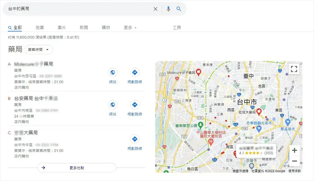 一張 Google 搜尋結果截圖，使用者搜尋「台中的藥局」時，頁面上方出現本地搜尋地圖包（Local Pack），左側列出多家藥局名稱、地址、營業時間與網站或路線按鈕，右側顯示台中市地圖與店家位置標記，適合用於說明在地 SEO、Google 商家檔案與地圖搜尋版位。