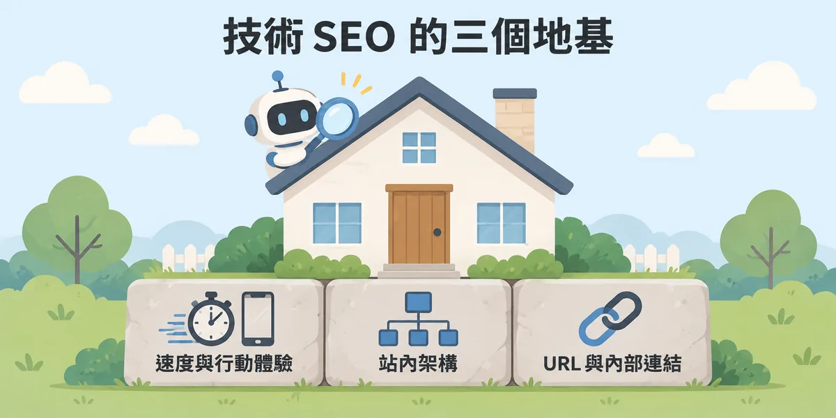 技術 SEO 三個地基示意:網站要穩,底下需要速度與行動體驗、站內架構、URL 與內部連結三塊地基,搜尋引擎才讀得到、爬得深。