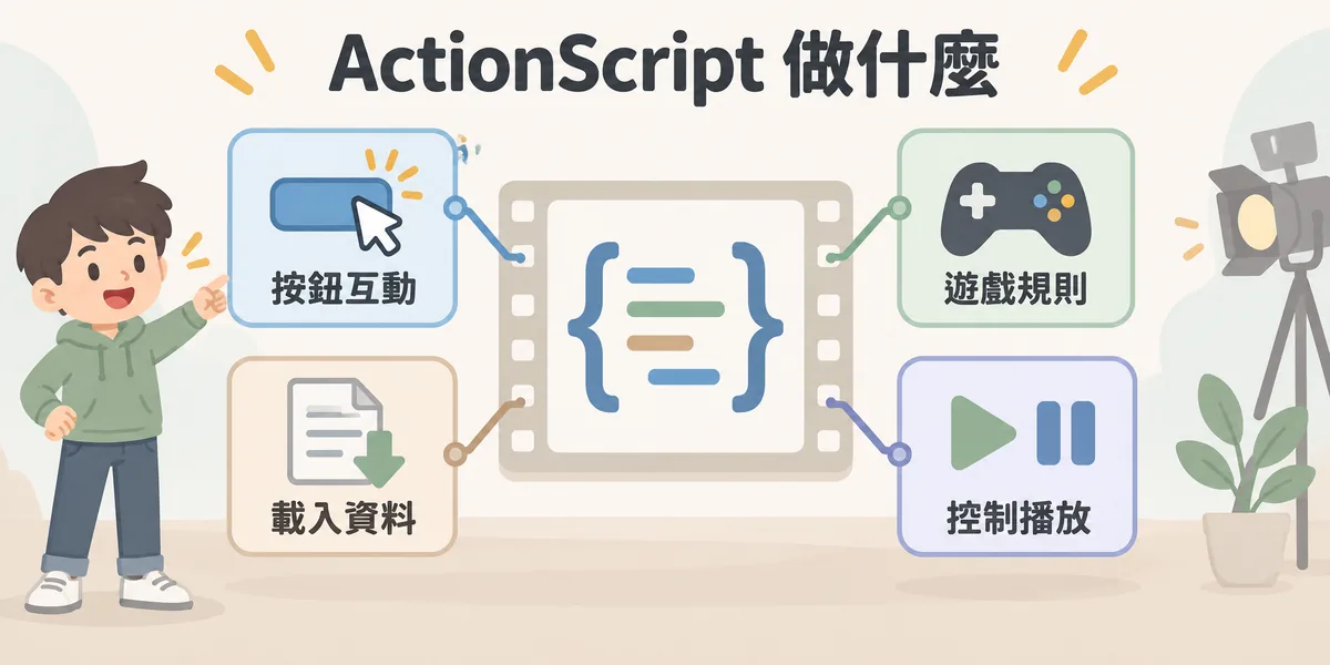ActionScript 在 Flash 中的角色示意：它替動畫加上邏輯，負責按鈕互動、遊戲規則、載入外部資料與控制影片播放，程式與素材再一起編譯成 .swf 檔執行。