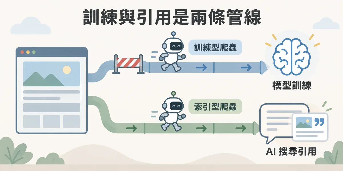 訓練與引用分屬兩條管線示意:訓練型爬蟲把內容送進模型訓練,索引型爬蟲決定能否出現在 AI 搜尋引用,封鎖 GPTBot 只關掉訓練那條,不等於退出 ChatGPT 搜尋。