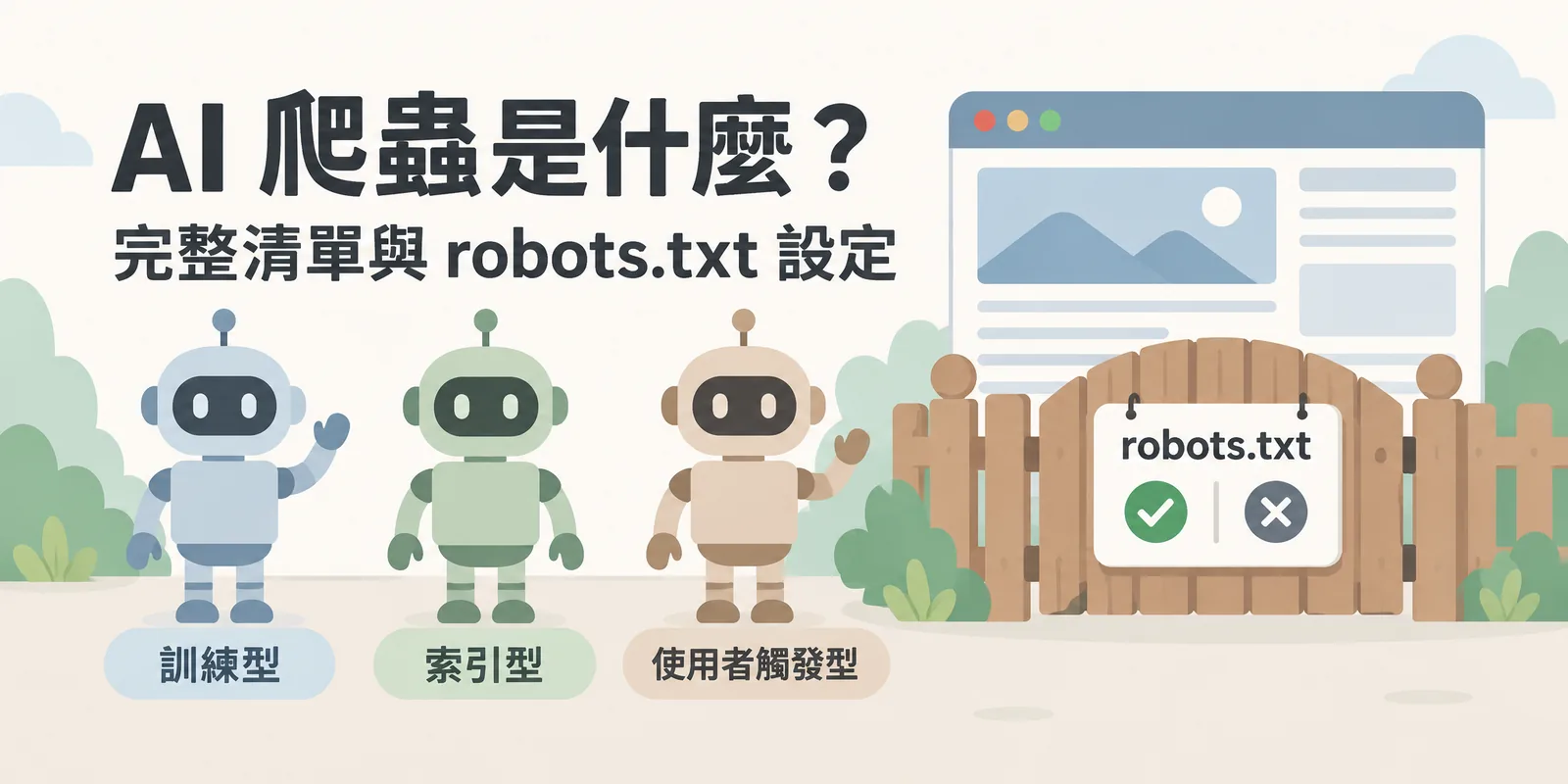 AI 爬蟲示意圖：訓練型、索引型與使用者觸發型三種 AI 爬蟲來到網站前，由網站的 robots.txt 決定允許或封鎖哪些爬蟲存取內容。