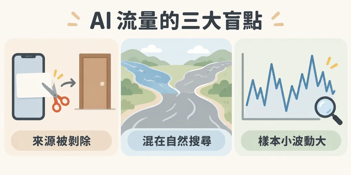 AI 流量監測三大盲點示意:手機 App 會剝除來源而被歸成直接流量、AI Overviews 點擊混在自然搜尋裡分不出來,以及樣本小導致週與週波動大,報表數字因此偏低。