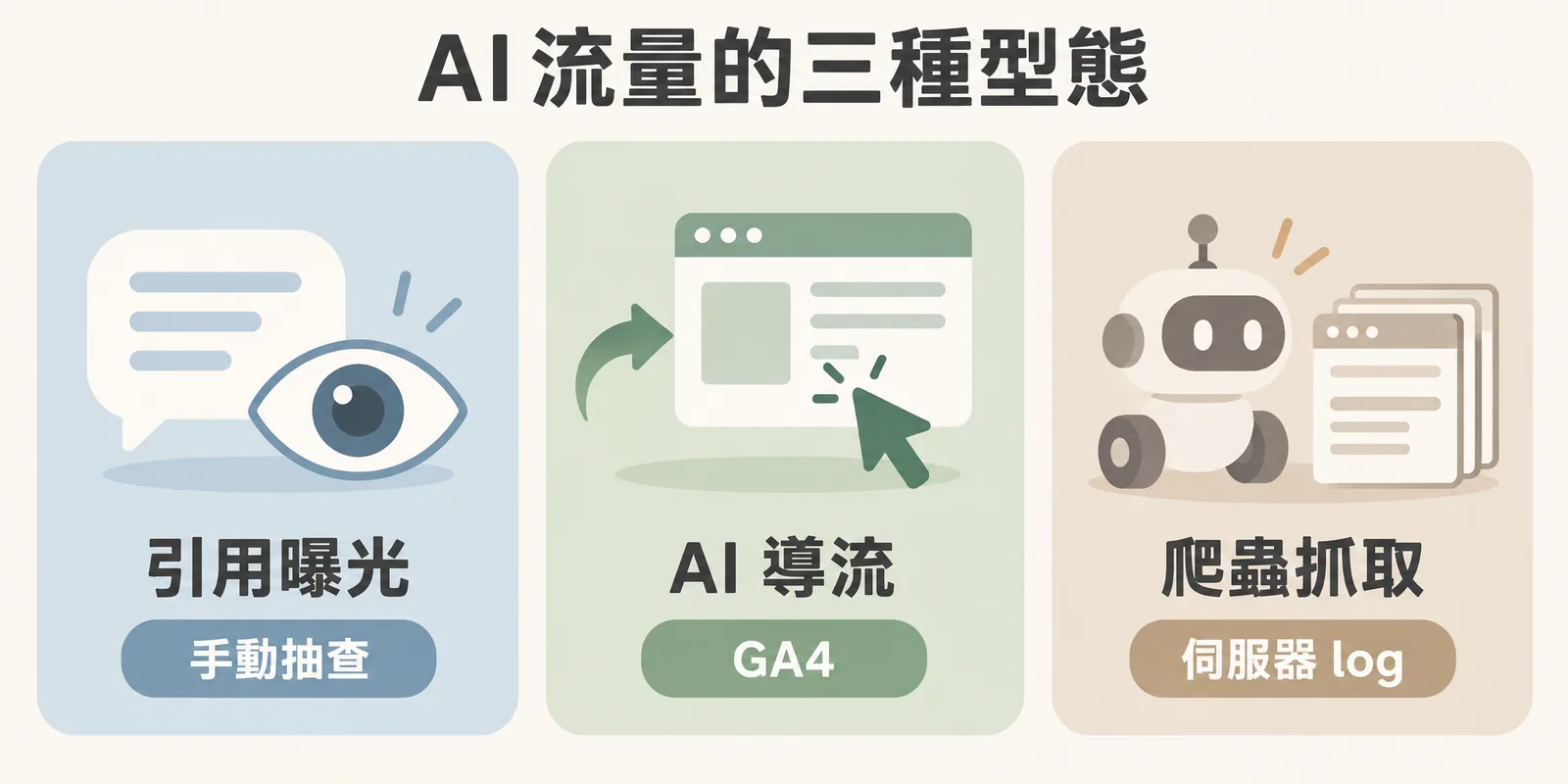 AI 流量三種型態示意：引用曝光是 AI 提到您卻沒被點擊，要靠手動抽查；AI 導流是使用者點連結進站，用 GA4 追蹤；爬蟲抓取是 AI 爬蟲來讀內容，要看伺服器 log。