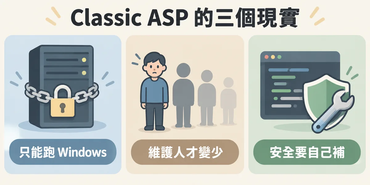 Classic ASP 現況的三個現實：主機只能用 Windows 與 IIS，會維護的工程師越來越少，語言不再更新，SQL 注入與 XSS 等防護都要靠程式碼自己補強。