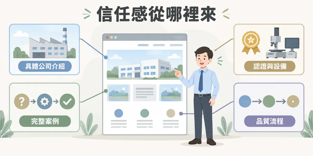 B2B 網站信任感的來源示意:具體的公司介紹、包含問題與成果的完整案例、認證與檢測設備,以及清楚的品質流程,讓採購人員有依據判斷供應商是否可靠。