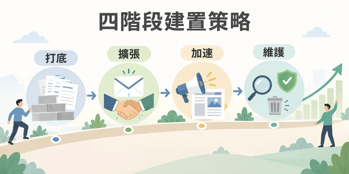 反向連結四階段建置策略示意:先打底建立內容與基礎連結,再擴張主動聯繫合作,接著透過媒體曝光加速,最後持續監控並清理垃圾連結維護健康成長。