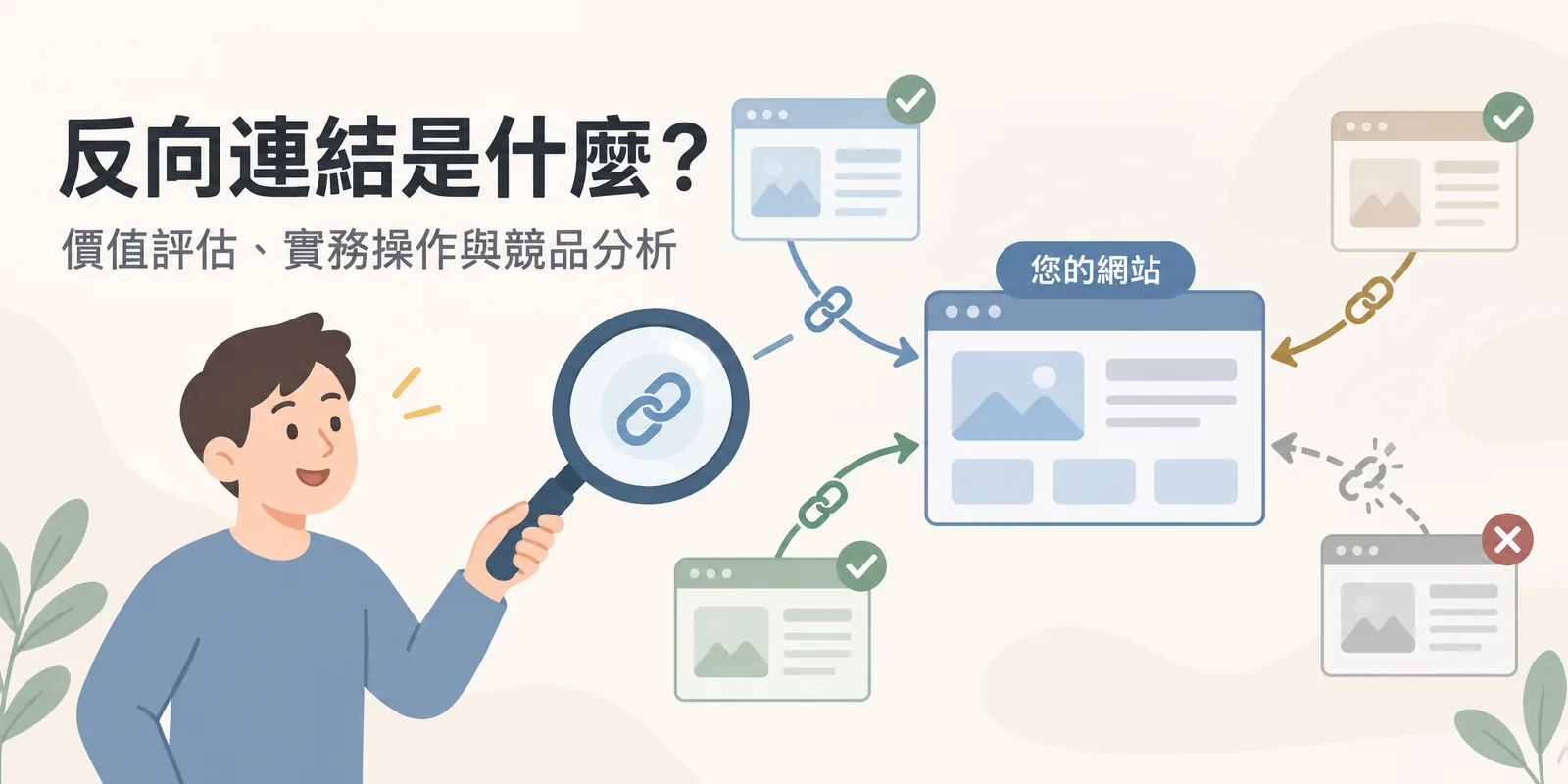 反向連結示意：四個外部網站以連結線指向您的網站，其中三條是相關且可信的優質連結，一條是斷裂的低品質連結，放大鏡代表逐條評估連結的價值。