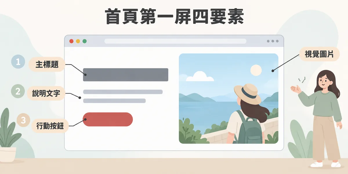 首頁第一屏結構示意:主標題說明核心價值、簡短說明文字補充適合誰、主要行動按鈕引導下一步,搭配支撐品牌情境的視覺圖片,視線依序由標題、說明走到按鈕。