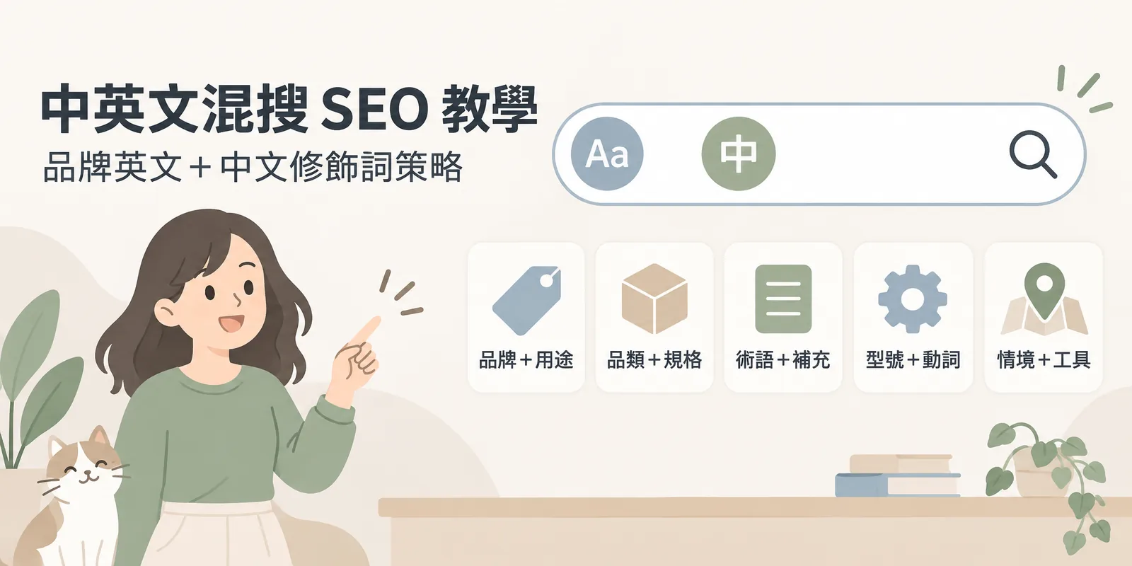 中英文混搜 SEO 教學主題圖：搜尋框內是英文品牌加中文修飾詞的組合，下方列出品牌加用途、品類加規格、術語加補充、型號加動詞、情境加工具五種混搜模式。