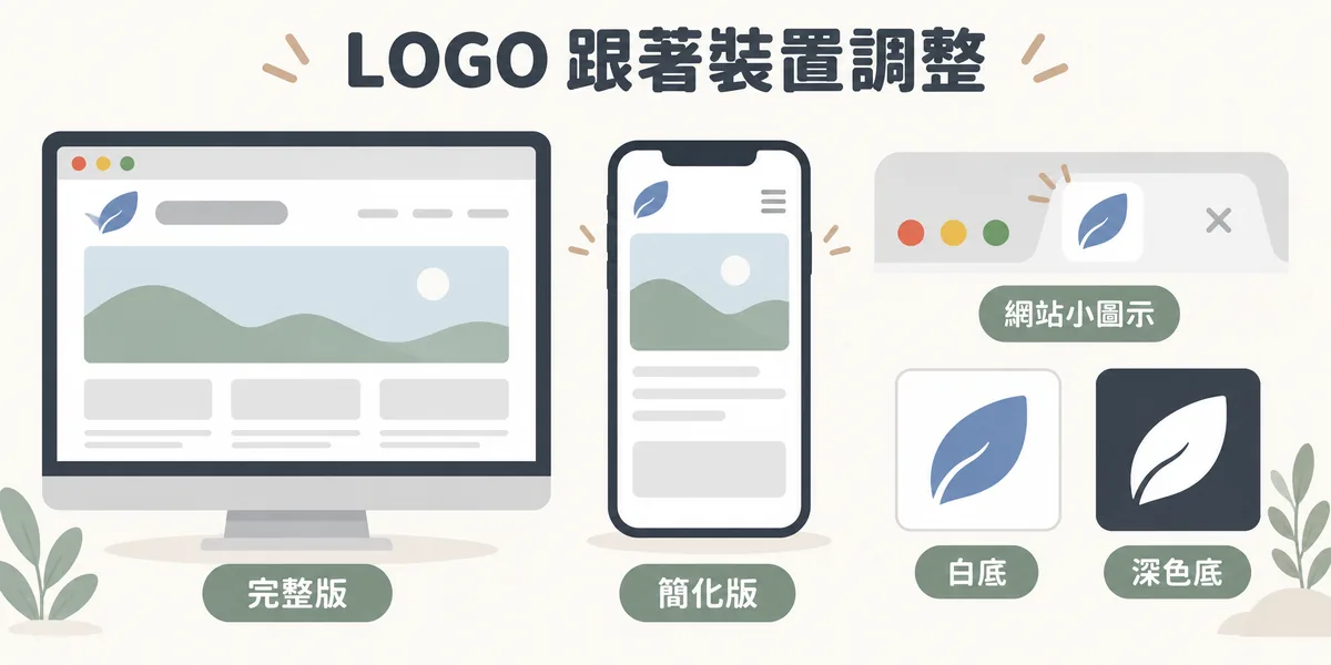 LOGO 在不同位置的版本示意：桌機頁首放完整版標誌，手機頁首改用只保留圖形的簡化版，瀏覽器分頁使用小圖示，並分別準備白底與深色底都清楚可辨的版本。