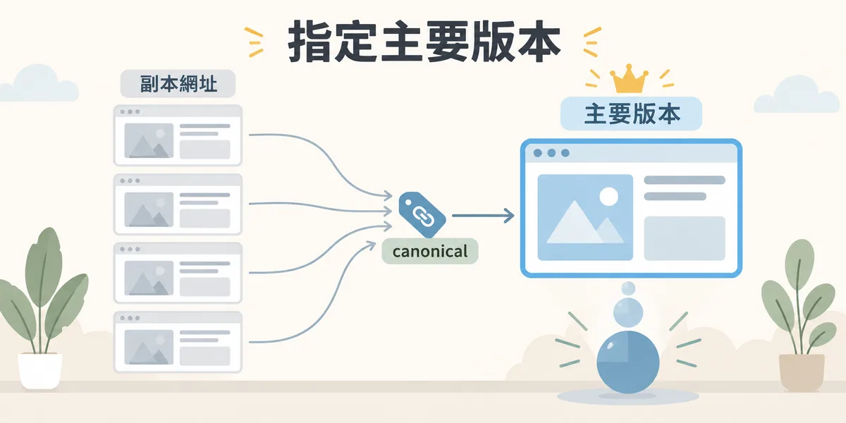 canonical 標記示意:多個內容相同的副本網址都指向 canonical 指定的主要版本,搜尋引擎會把排名權重與連結價值集中到這個網址上。