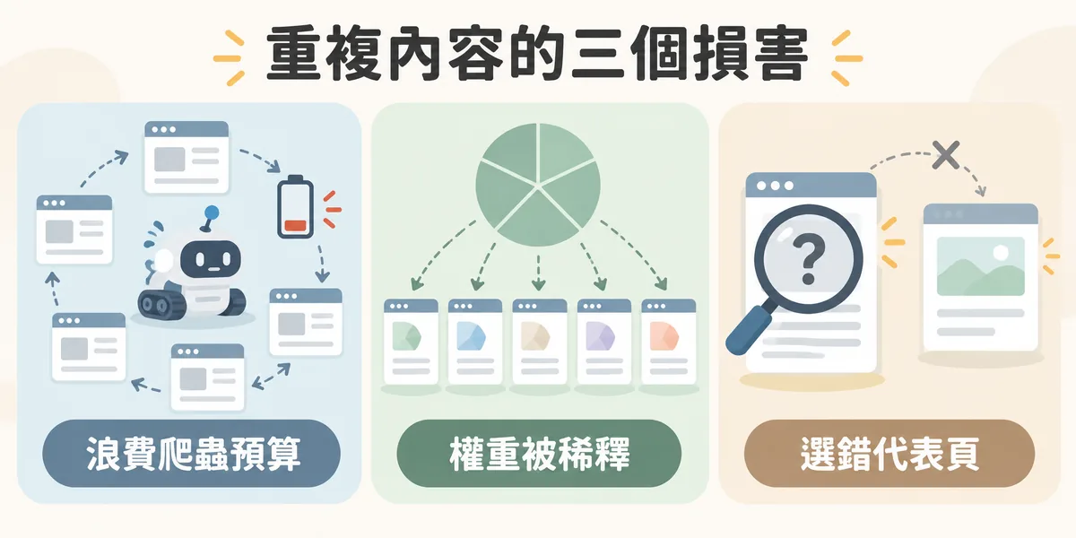 重複內容對 SEO 的三個損害示意:爬蟲預算浪費在重複頁面上、排名權重被分散到多個網址版本,以及搜尋引擎可能選錯代表頁顯示在結果中。