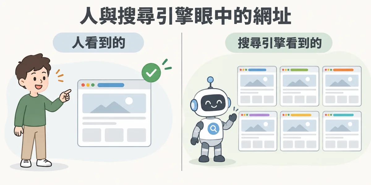 人與搜尋引擎看網址的差別示意:人把首頁視為同一個頁面,搜尋引擎卻把協定、大小寫、結尾斜線或參數不同的每個網址都當成獨立頁面。