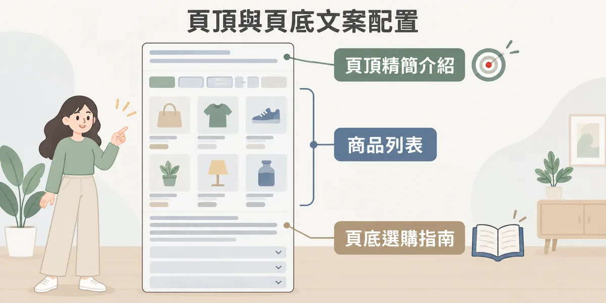 分類頁文案雙層配置示意：頁頂放一小段精簡介紹讓搜尋引擎掌握主題，中間是篩選器與商品列表，頁底再放較完整的選購指南與常見問答，兼顧排名與使用者體驗。