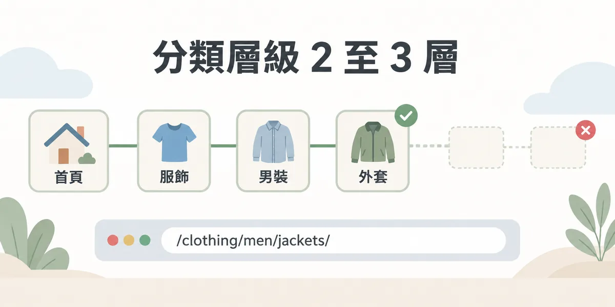 多層分類 URL 結構示意：從首頁到服飾、男裝、外套三層分類，網址對應為 /clothing/men/jackets/，再往下延伸的更深層級以淡色虛線表示不建議，層級建議控制在 2 至 3 層。