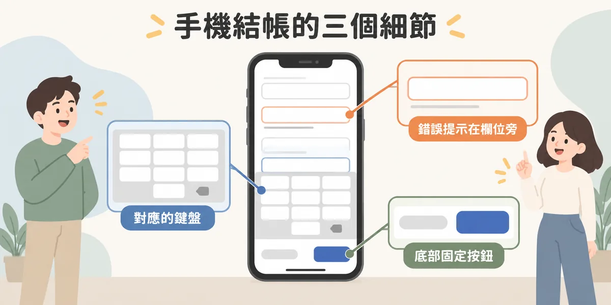 手機版結帳的三個細節:電話等欄位叫出對應的數字鍵盤,錯誤提示直接出現在對應欄位旁邊,畫面底部固定顯示總金額與下一步按鈕。