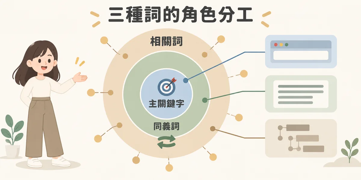 主關鍵字、同義詞與相關詞的角色分工示意:主關鍵字在中心承載搜尋意圖並放進標題,同義詞自然散布在內文,相關詞在外圈延伸成子標題與補充段落,建立主題完整度。