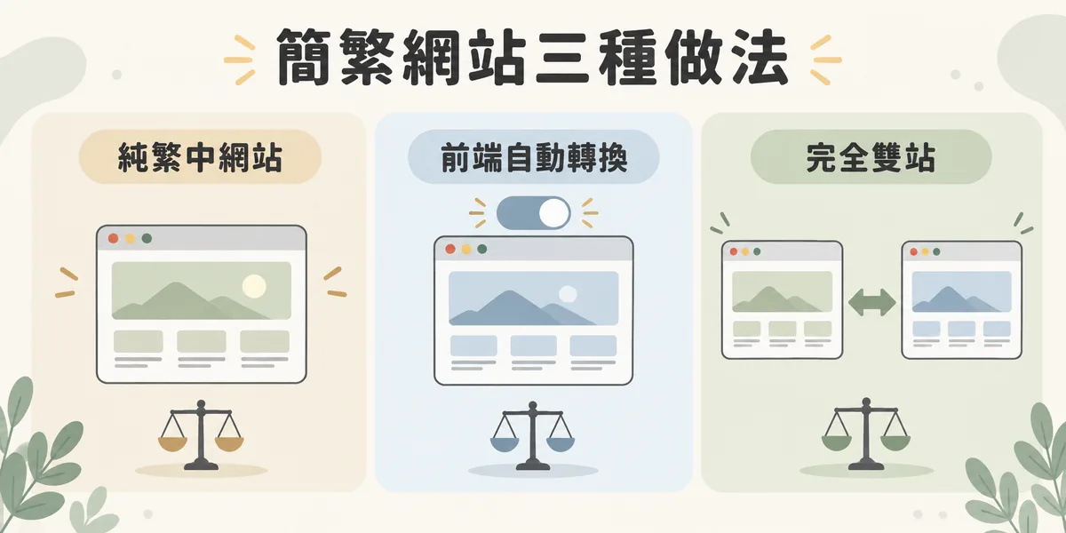 簡繁網站三種布局做法示意:純繁中網站集中資源、前端自動轉換只存一份內容但用詞無法在地化、完全雙站各自獨立並以 hreflang 互相連結,三者各有取捨。