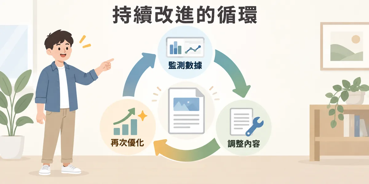 SEO 內容持續改進循環示意：文章上線後先監測流量與排名等數據，依數據調整內容，再次優化後繼續監測，形成不斷循環的改進流程。