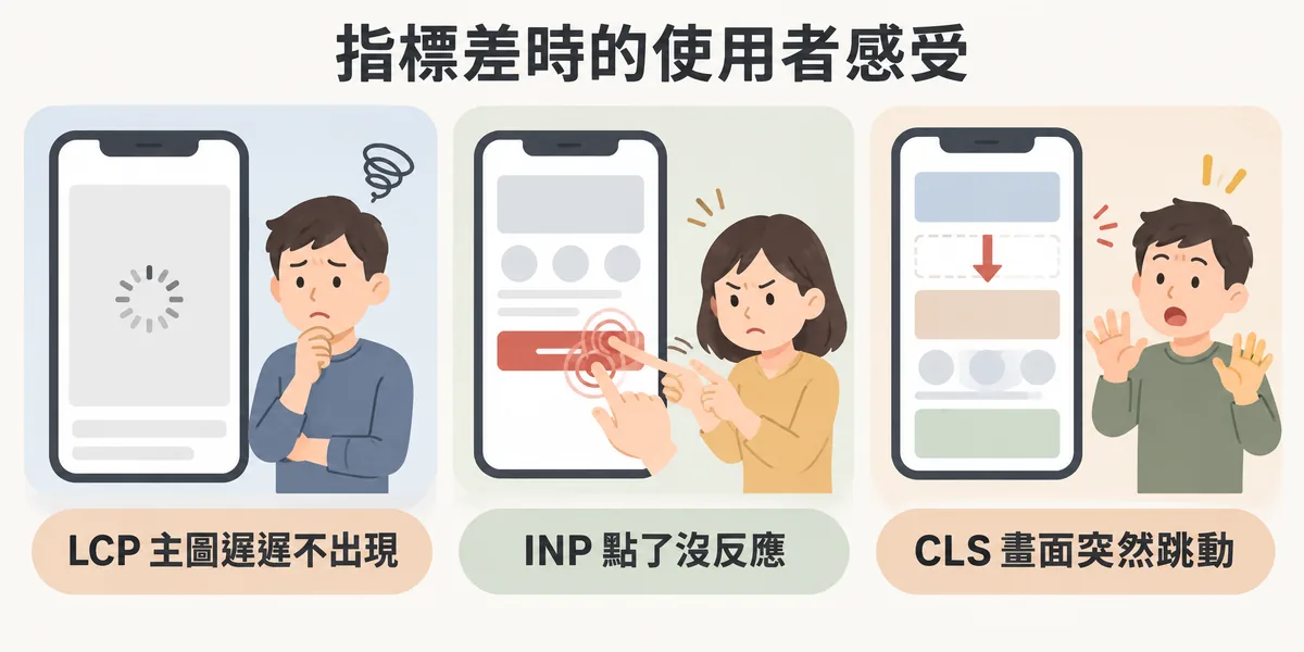 三項指標表現不佳時的使用者感受:LCP 太慢時主圖遲遲不出現、INP 太差時按下按鈕沒反應而連續點擊、CLS 過高時畫面突然跳動導致誤點。